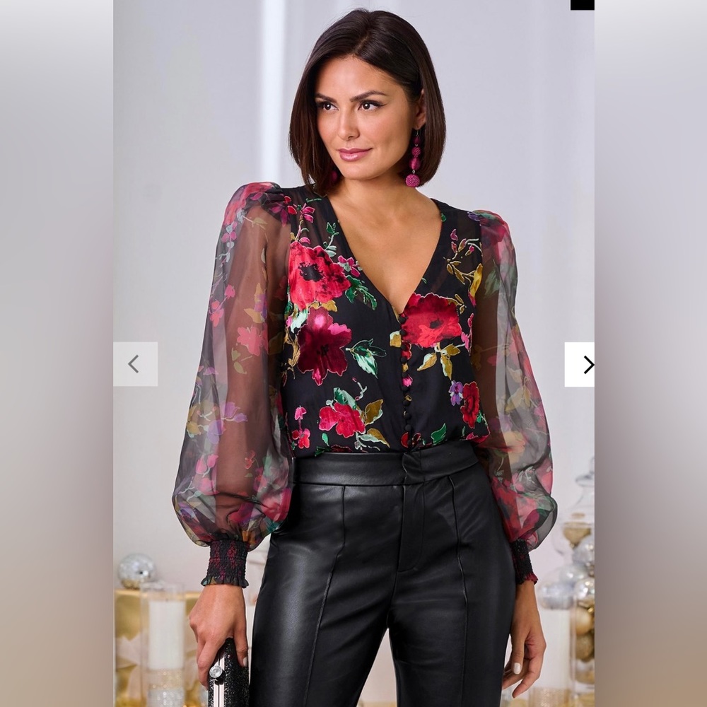 Floral Print Organza Button Up Long-sleeve Shirt size L